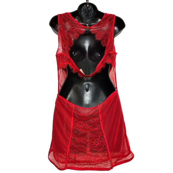 Sexy Red Lace Sheer Babydoll Lingerie‎ Dress Cutout  XL Sheer Stripper Hot  Goth - Picture 2 of 6